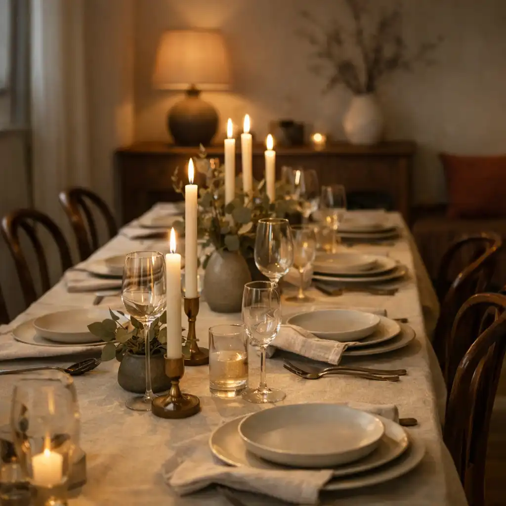 A long intimate dinner table with cream linen, candles, ceramics, and dark wood chairs.