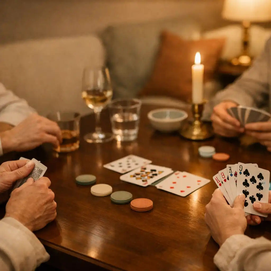 Adult hands around a warmly lit card table with playing cards, candlelight, and timber details.