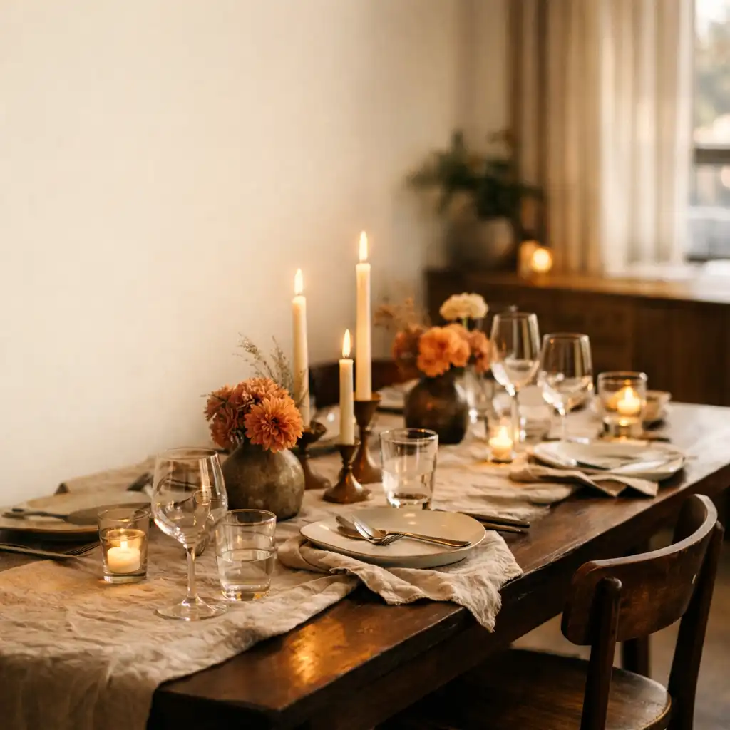 A warmly prepared table with linen, candles, glassware, and a chair waiting for guests.