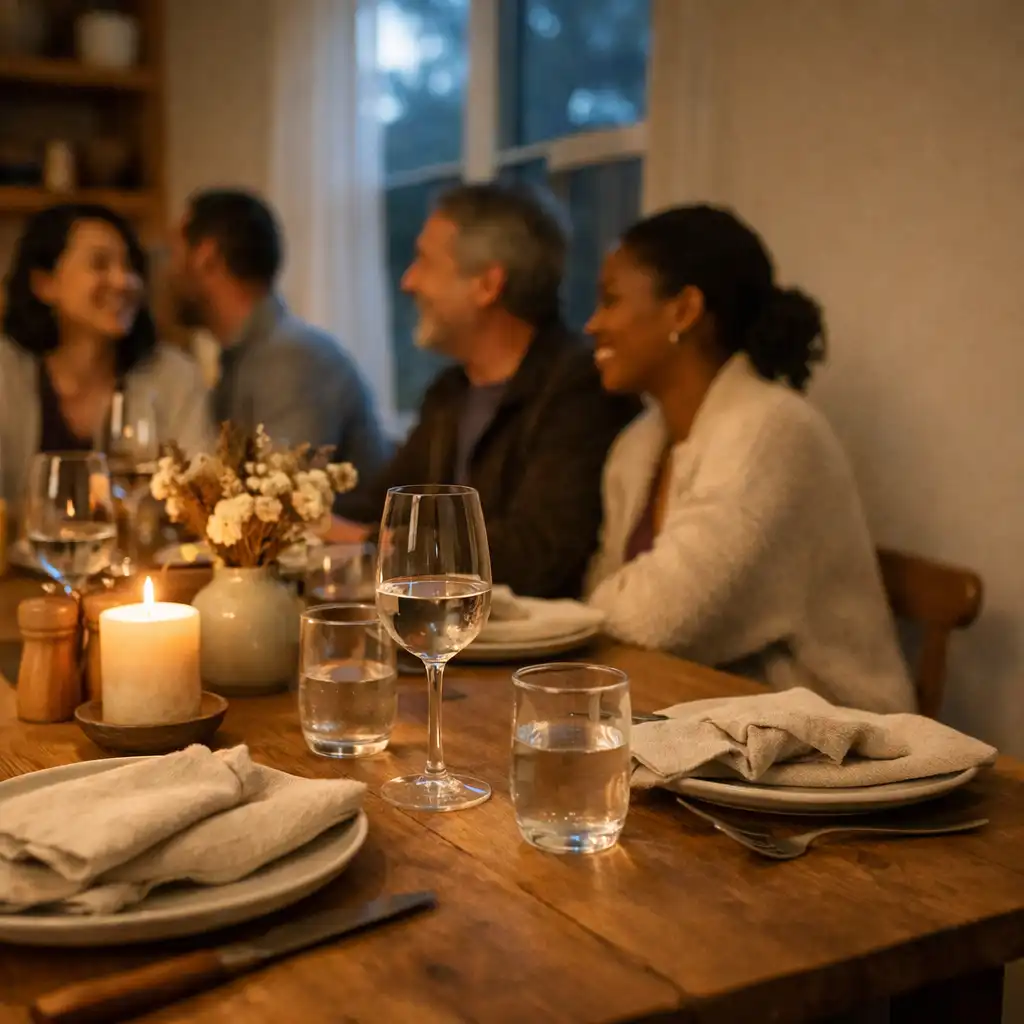 Guests arriving at a softly lit dinner table with linen, candles, timber, and glassware