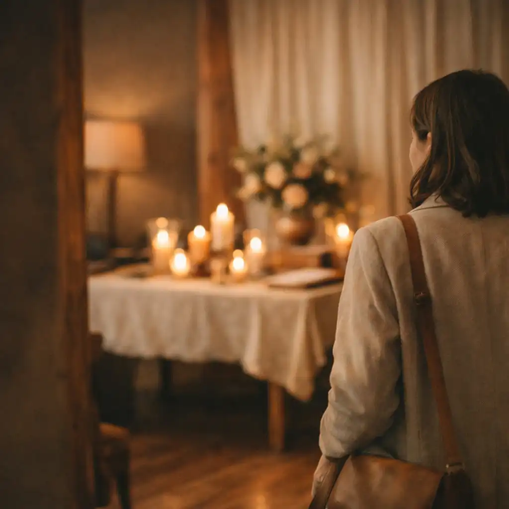 A guest arriving in a softly lit gathering space prepared with candles and a welcoming table