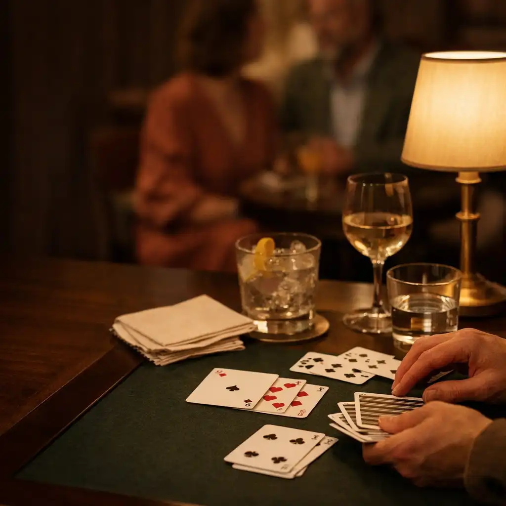 Hands arranging playing cards beside a lamp and glassware at an intimate gathering