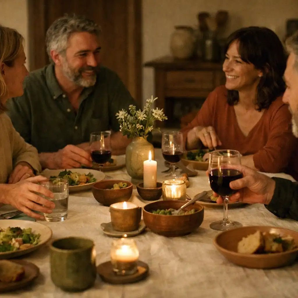 Guests sharing conversation at a candlelit linen-dressed dinner table