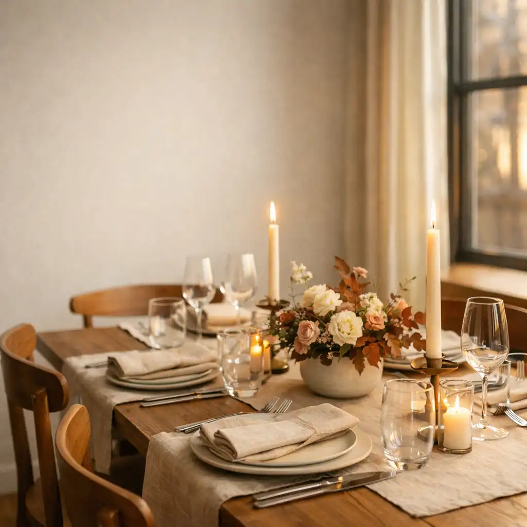 A warmly prepared dinner table with linen, ceramics, candles, and glassware