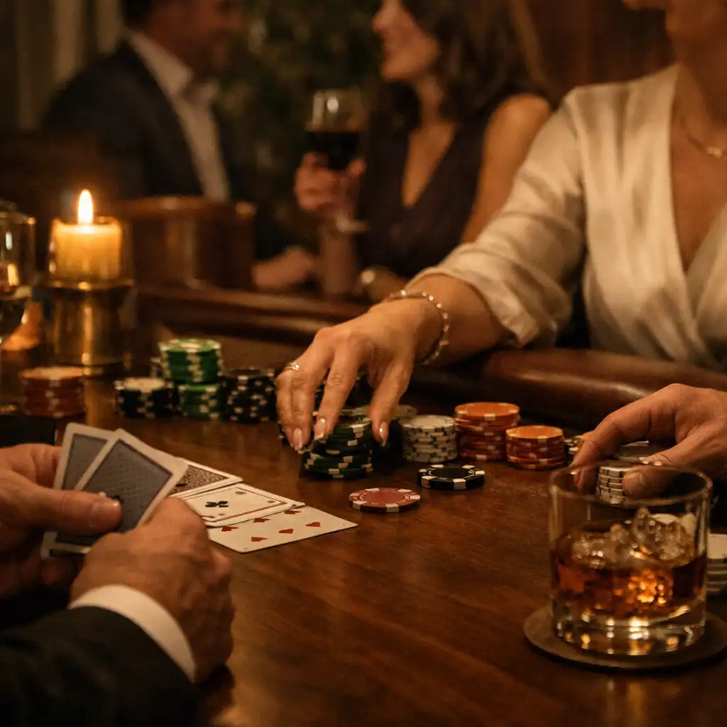 Hands, cards, chips, and candlelight at a refined timber card table
