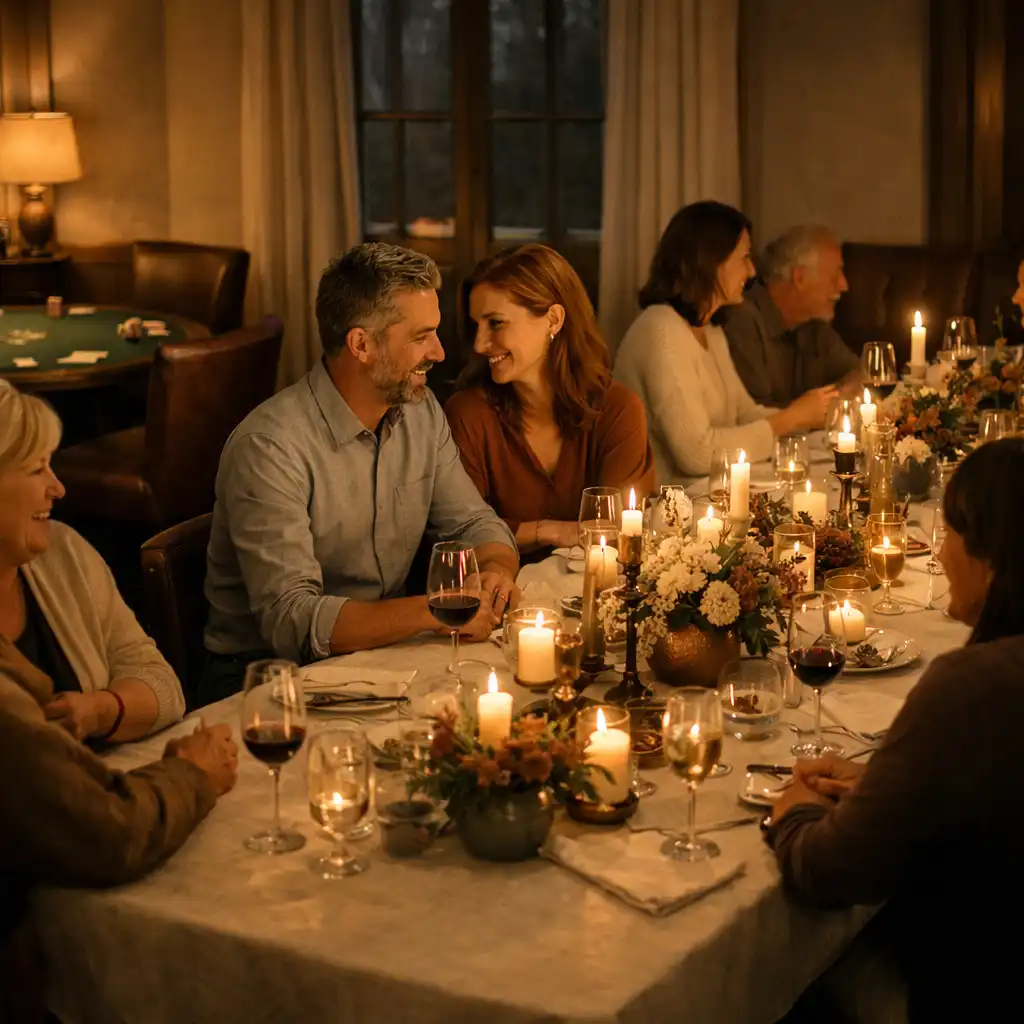 Adults gathered around a candlelit dinner table in a warmly styled evening venue