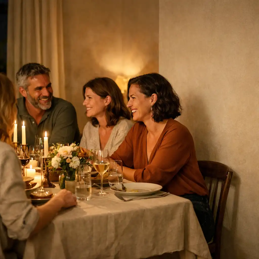 Friends sharing conversation around a linen-covered candlelit dinner table