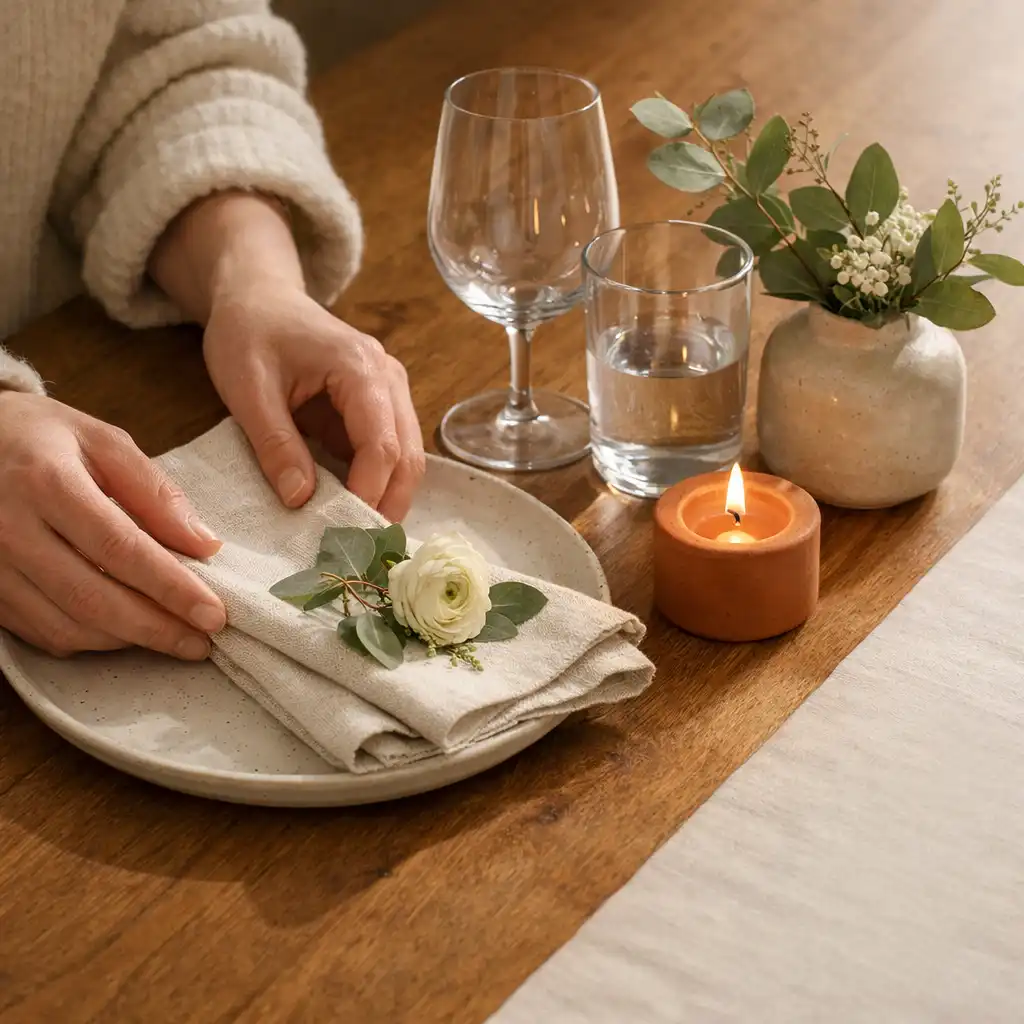Hands arranging linen, glassware, and a candle on a timber dinner table
