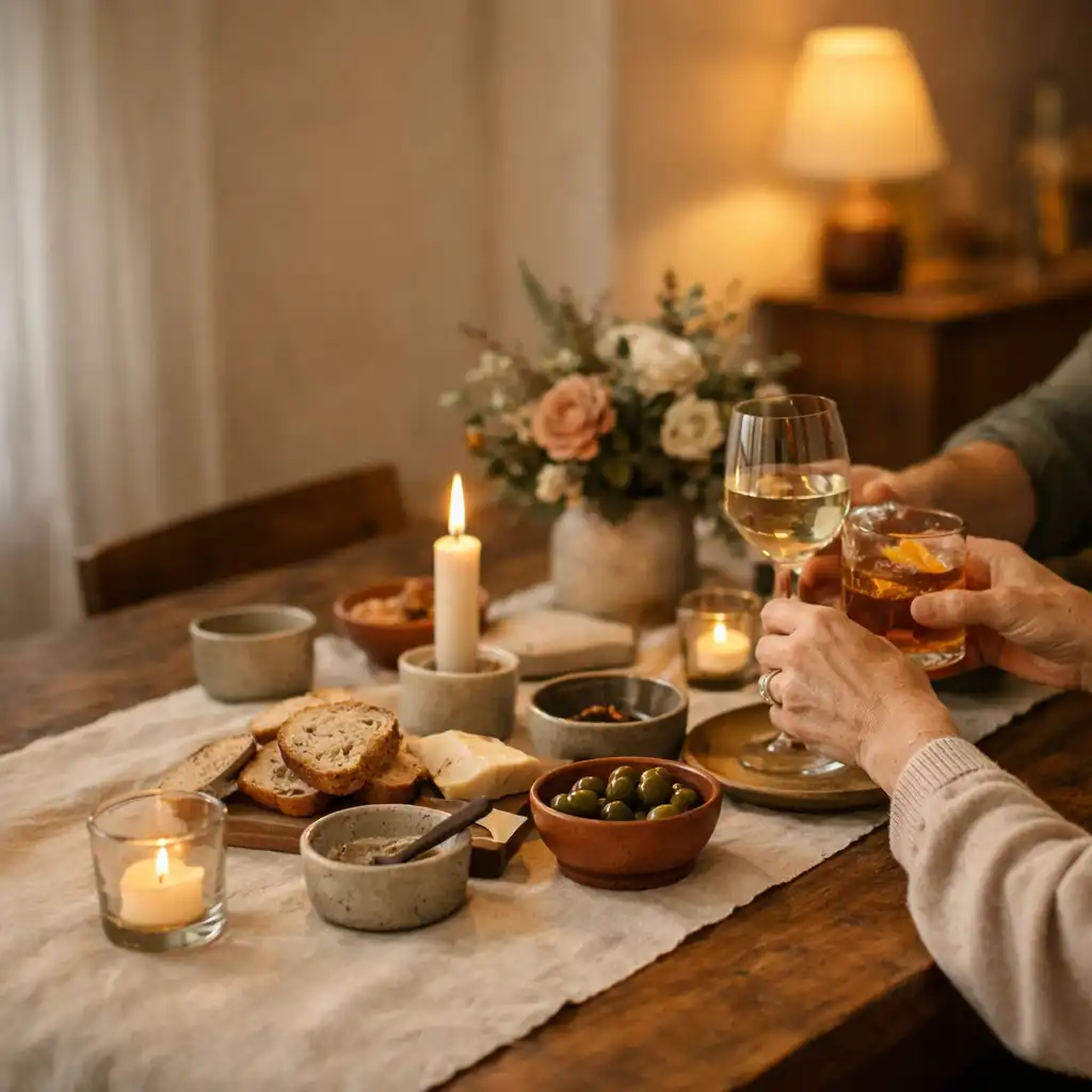 Hands gathered around a candlelit private celebration table with soft linen and glassware.