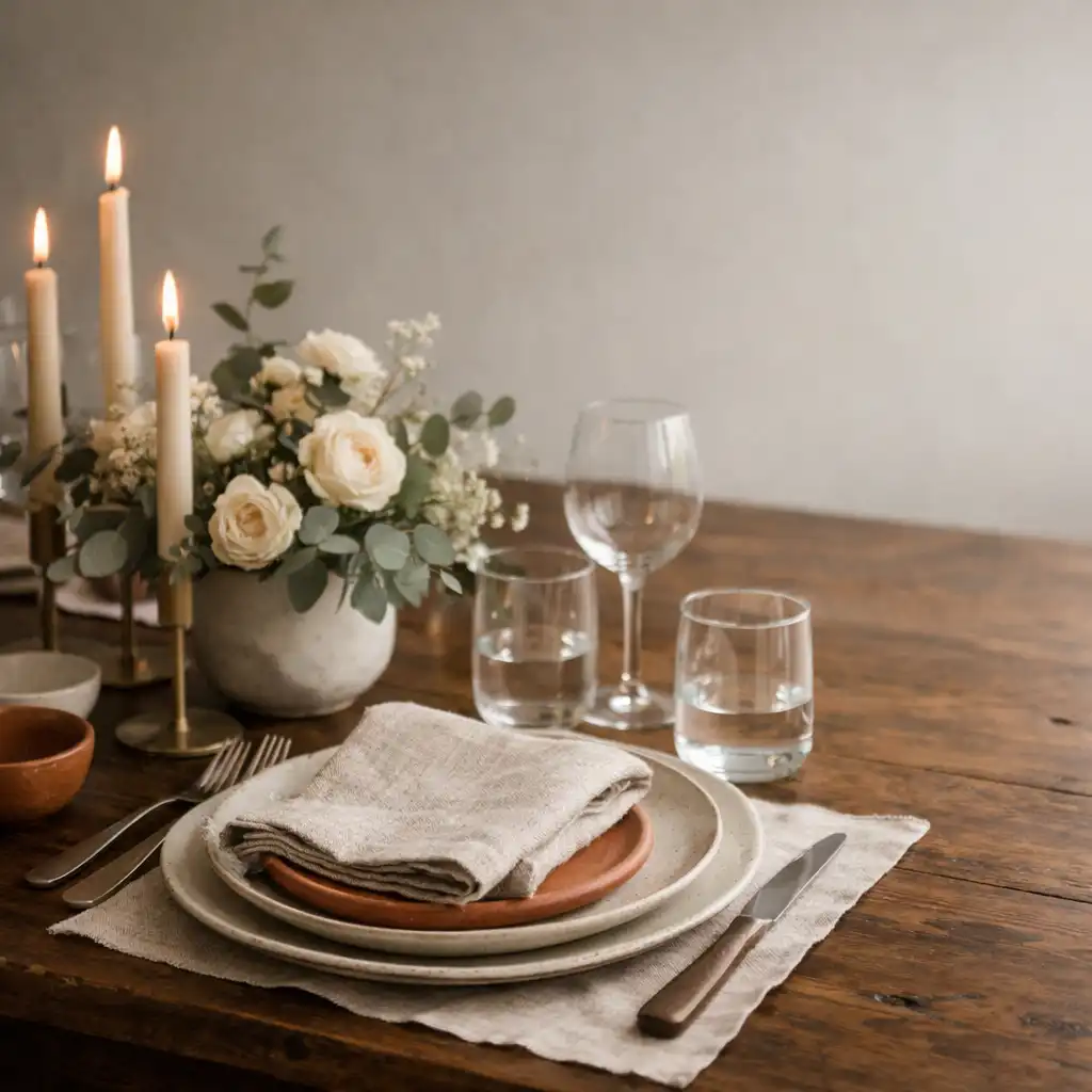 Oatmeal linen, ceramic plates, candles, glassware, and neutral florals on a timber table