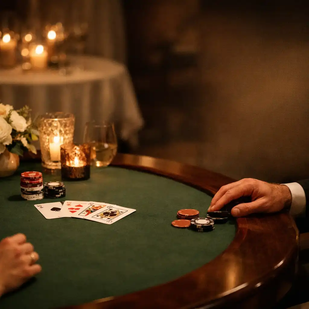 A refined felt card table with playing cards, candlelit glassware, and warm timber detail
