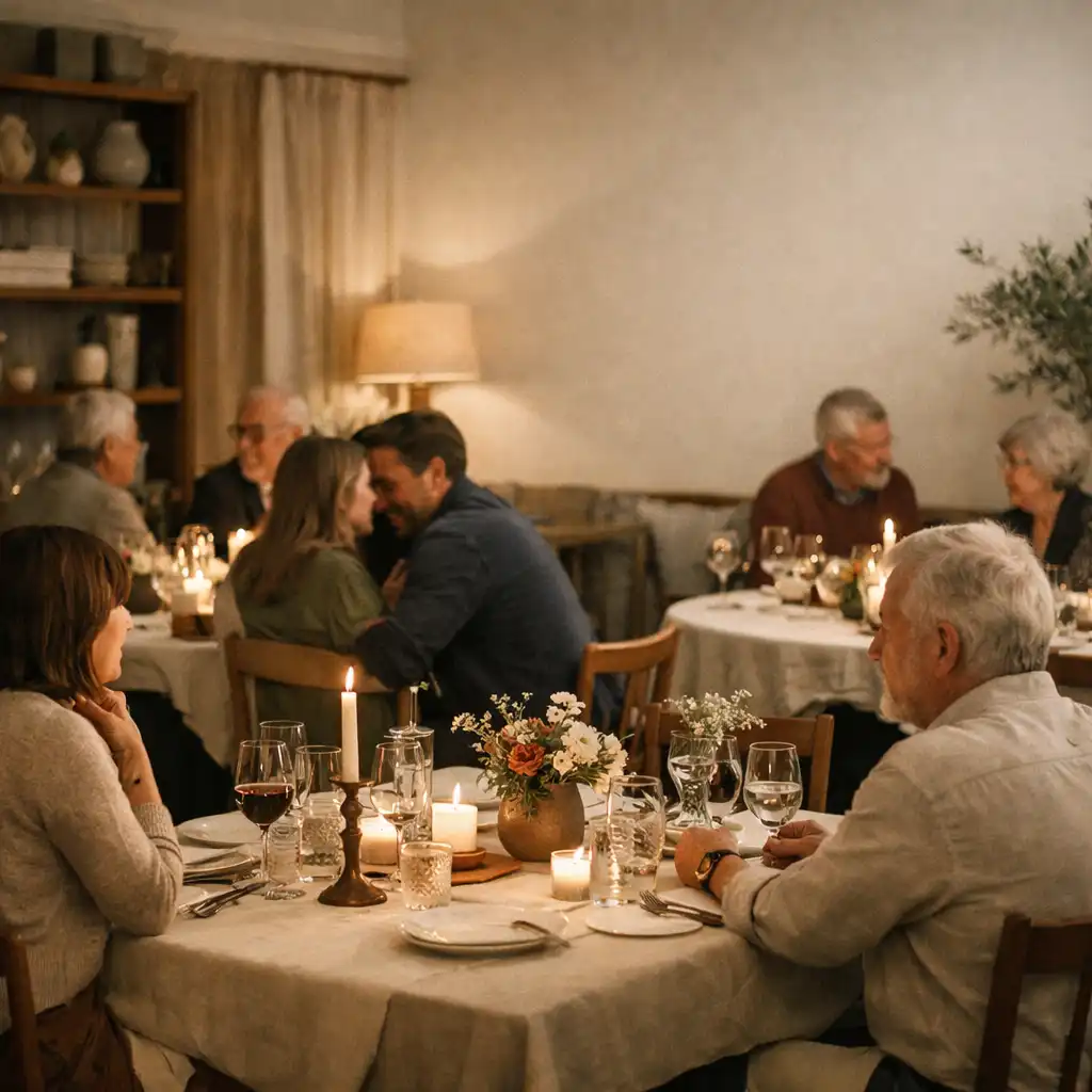 Guests conversing around warmly styled candlelit dinner tables in an intimate room