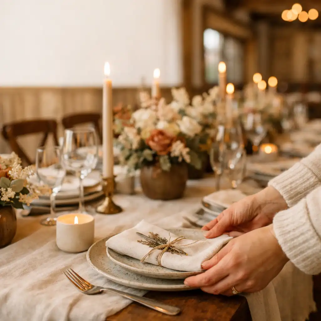 Hands making a final adjustment to a candlelit dinner table with cream linen and glassware