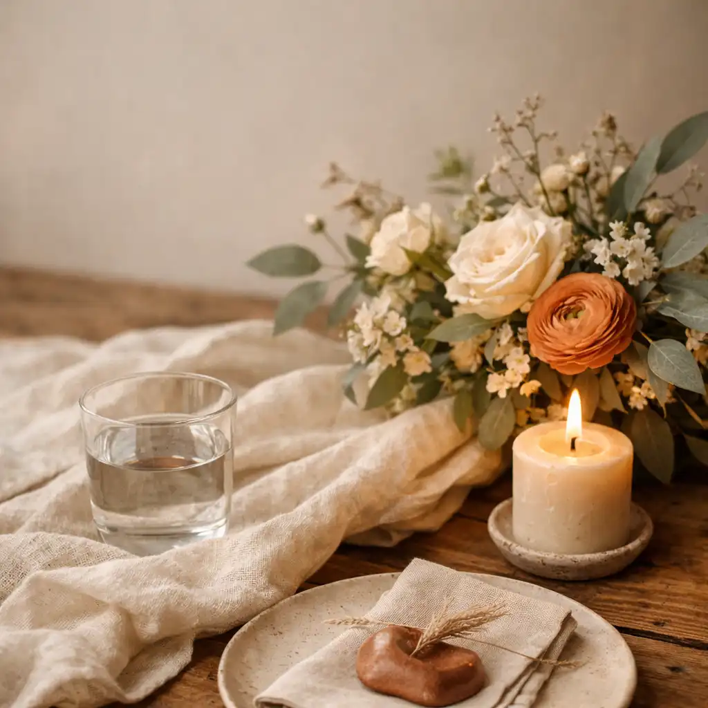 Ivory linen, a candle, clear glassware, and low florals arranged on a timber event table