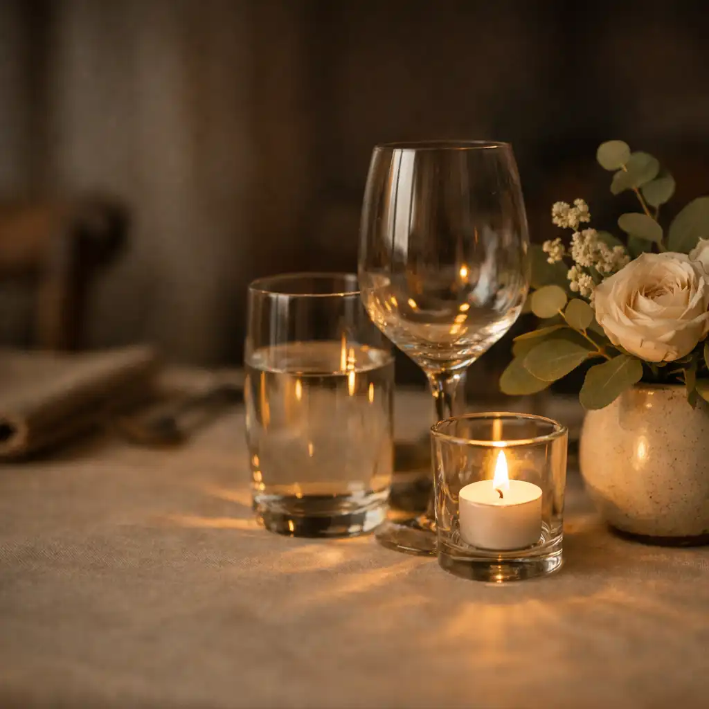 Candlelight reflected in glassware beside a low floral arrangement on a dinner table.