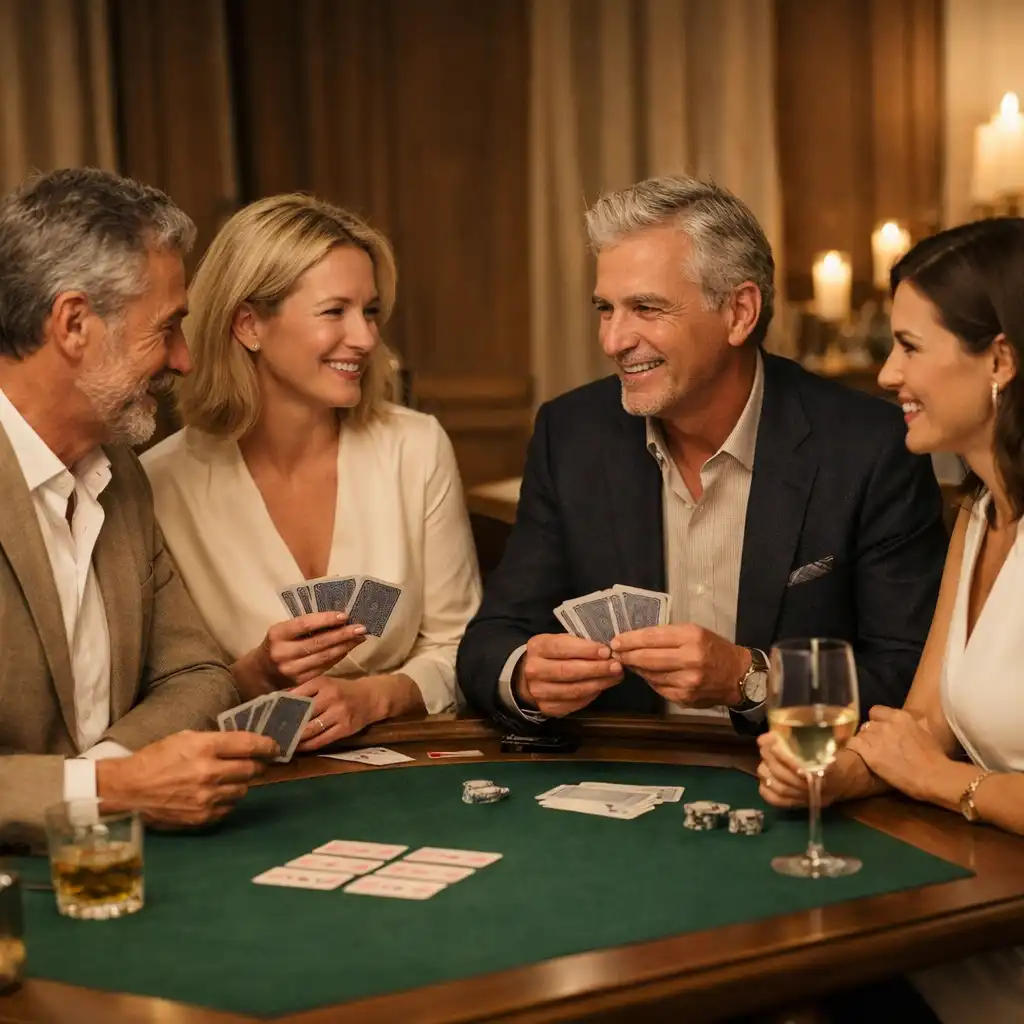 Adults socializing around a refined card table in warm, candlelit surroundings.