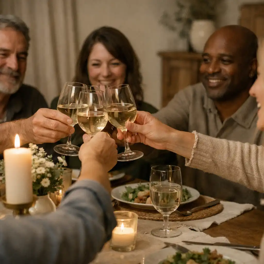 Adults sharing conversation around a candlelit dinner table.