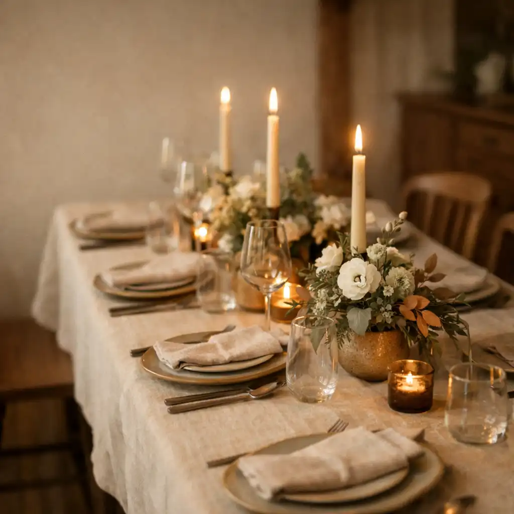 A warmly prepared dinner table with linen, glassware, candles, and soft florals.