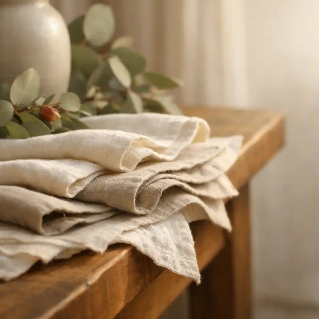 Layered natural linen and timber with foliage and ceramic styling details.