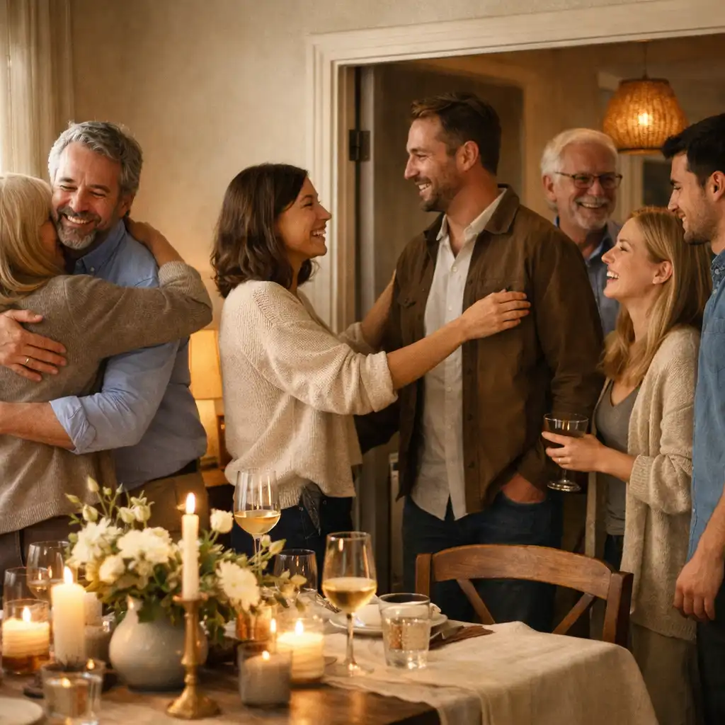 A small group sharing a relaxed private celebration in a softly styled room.