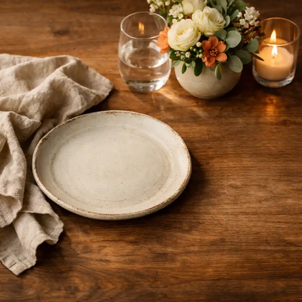 A close view of oat linen, ceramic tableware, clear glassware, flowers, and candlelight on a timber table.